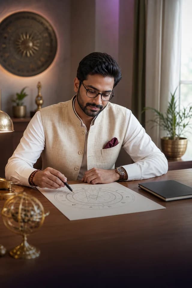 Professional Indian astrologer reviewing a birth chart in a modern consultation studio