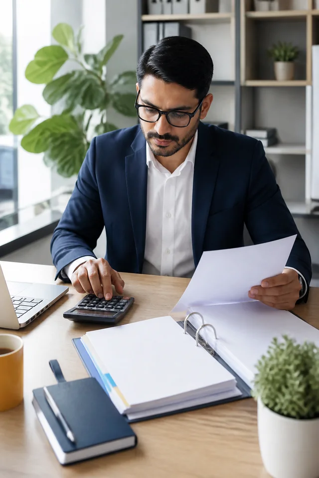 Accounting professional organizing financial documents at a desk