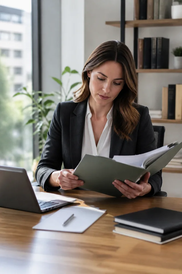 Legal professional reviewing documents in a modern office
