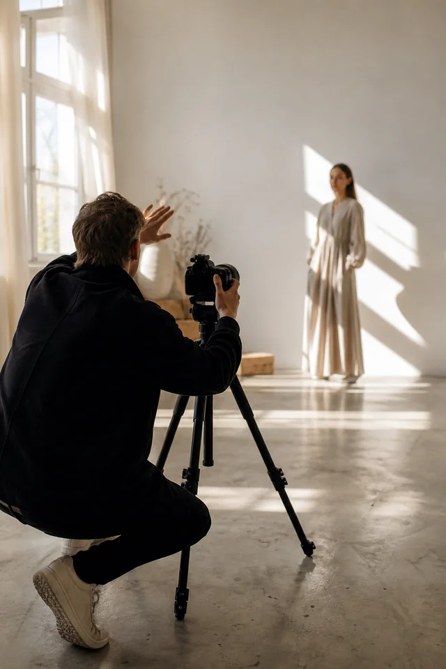 Professional photographer framing a refined portrait session