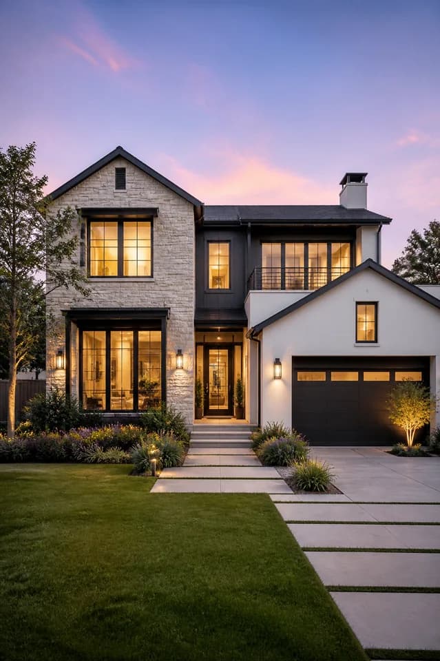 Contemporary three-bedroom home photographed at dusk