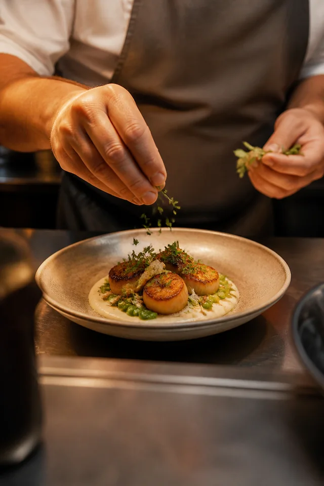 Restaurant serving a refined seasonal dish in a warm dining room