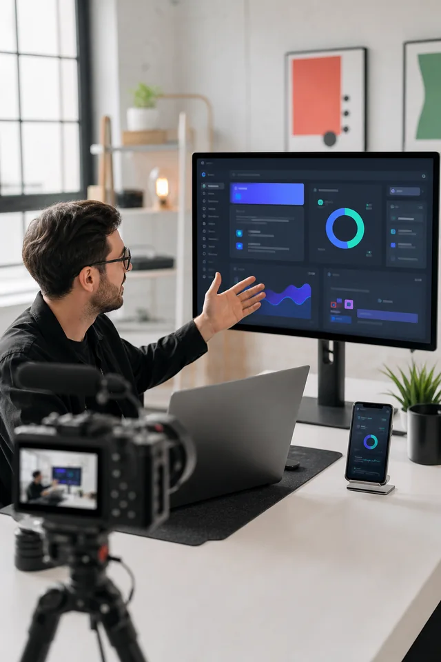 Technology creator presenting a polished software product setup