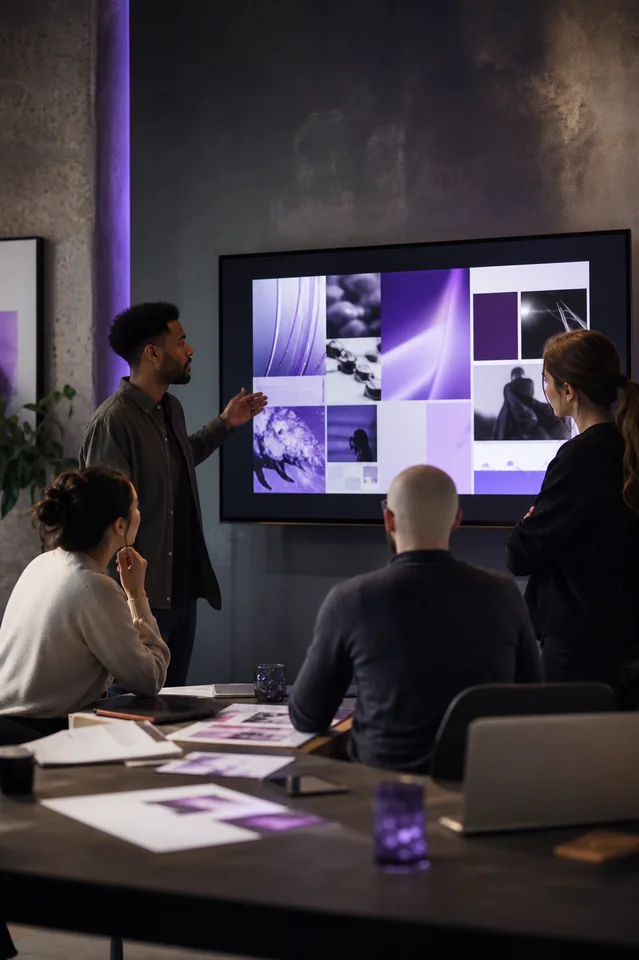 Creative agency team reviewing an Instagram campaign in a studio