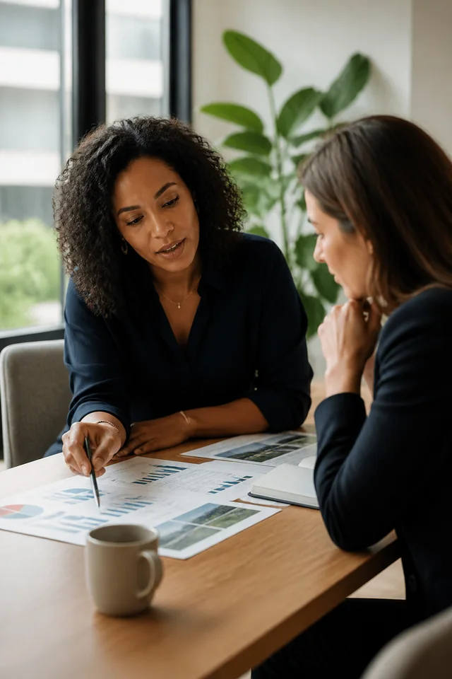 Consultant presenting a strategy session in a modern office