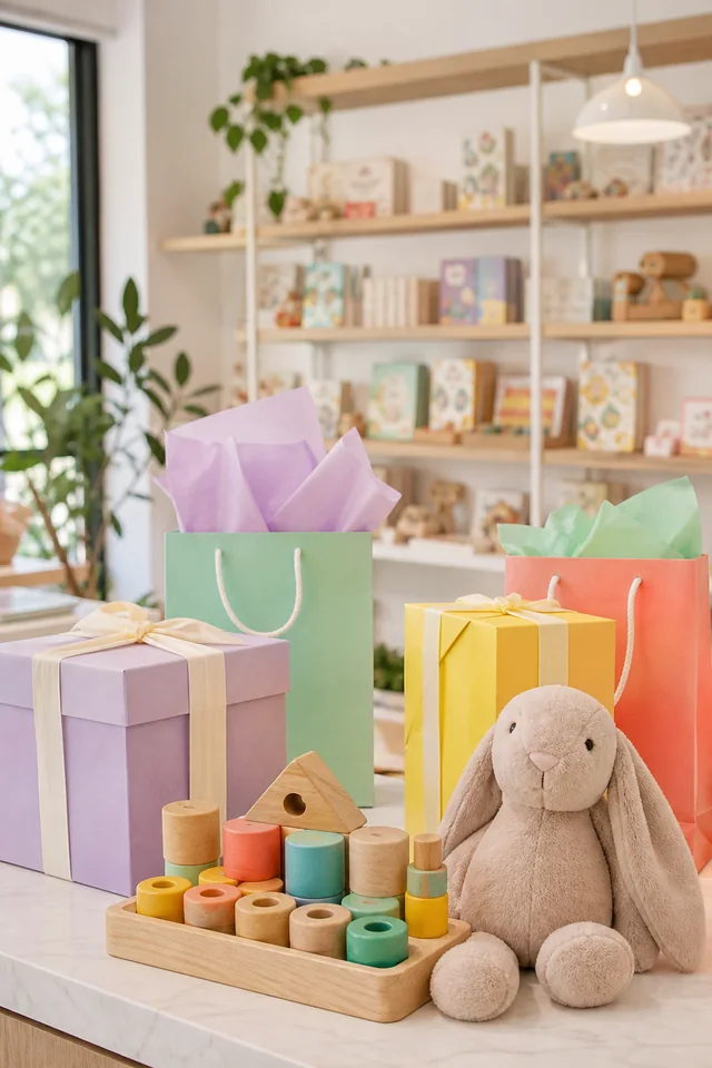 Curated gifts, wooden toys, and a plush toy in a bright independent shop